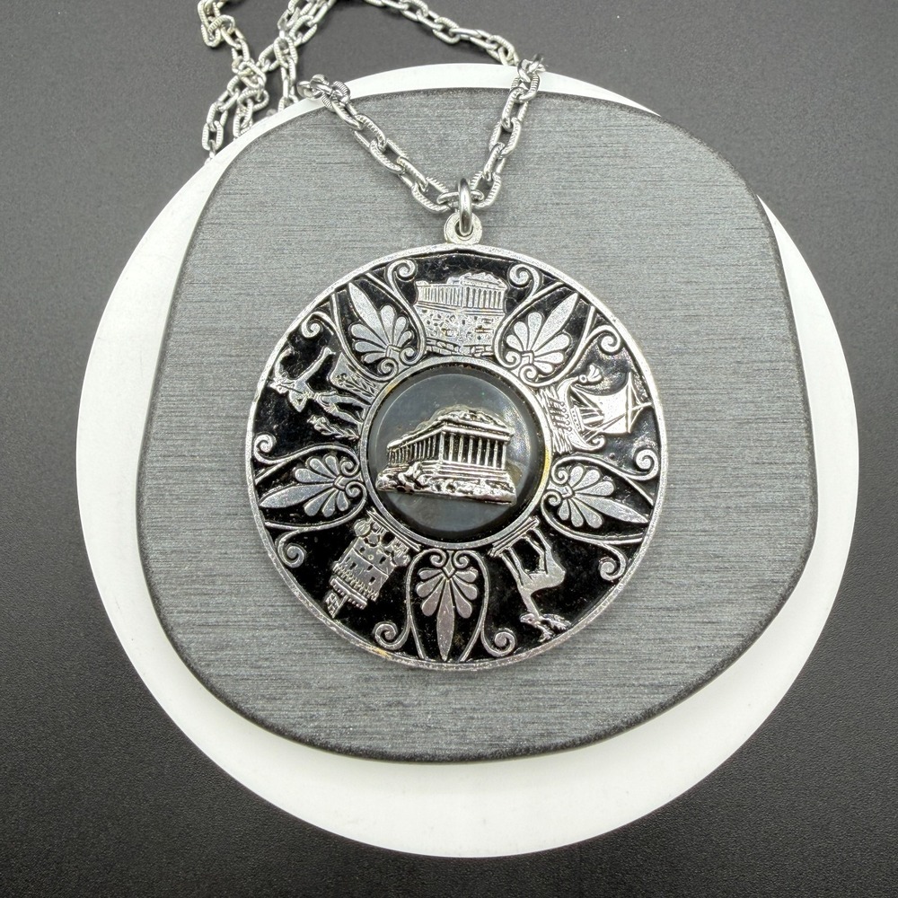 Greek Revival Parthenon Medallion Necklace Silver Tone Black Enamel Statement